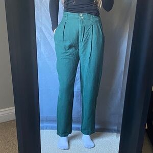 Rare Kikomo Small Vintage Green Linen-Cotton Pleated Trouser Pants With Pockets